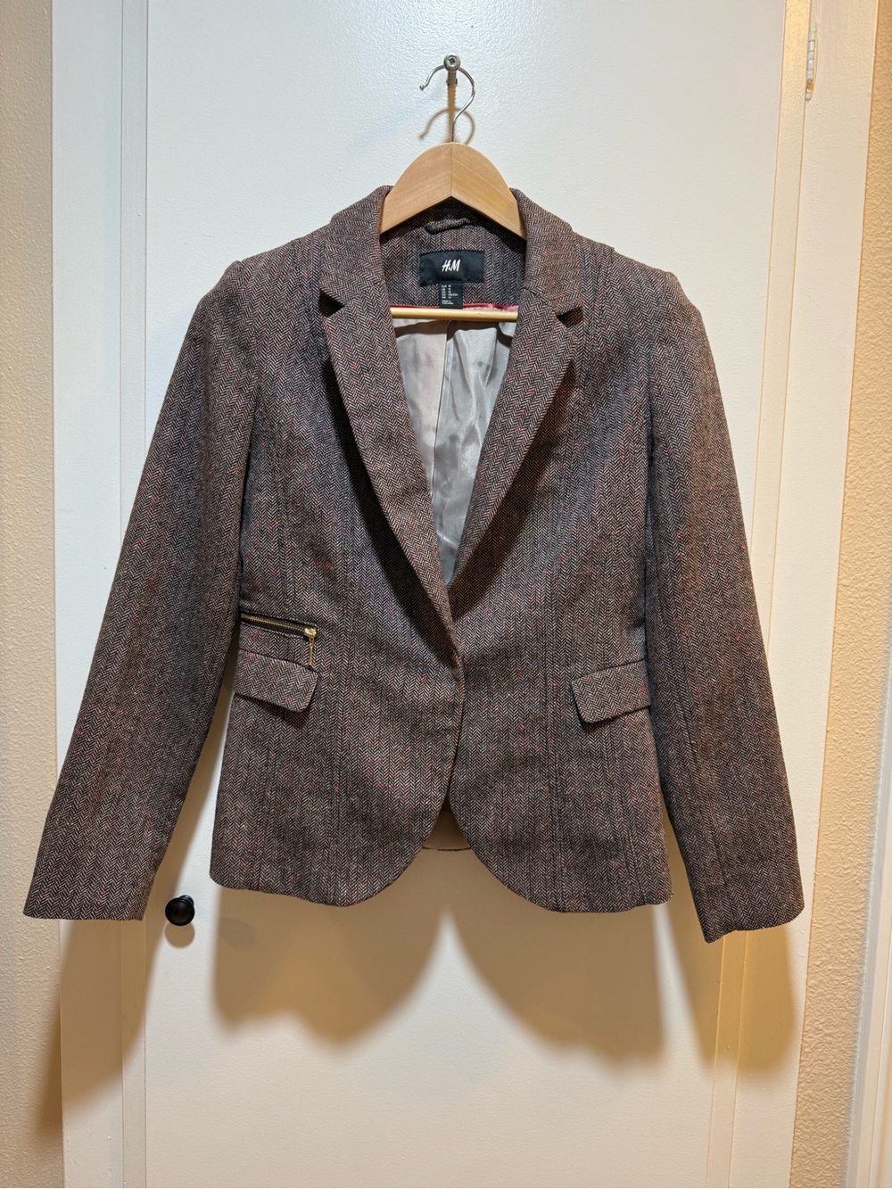 H&M Women's Brown Herringbone Tweed Blazer Jacket